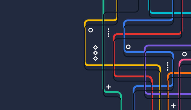 Colorful modern tech route lines with geometric connection symbols on a dark background, suitable for data flow themes, mapping concepts, network layouts, and contemporary graphic design.