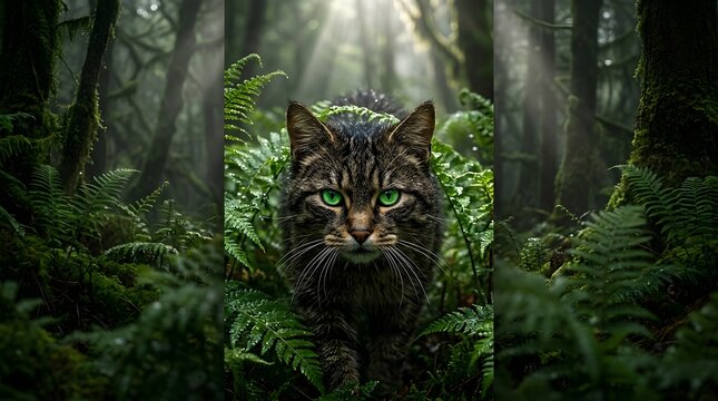 A focused tabby cat with bright green eyes emerges from deep forest ferns in a misty woodland.