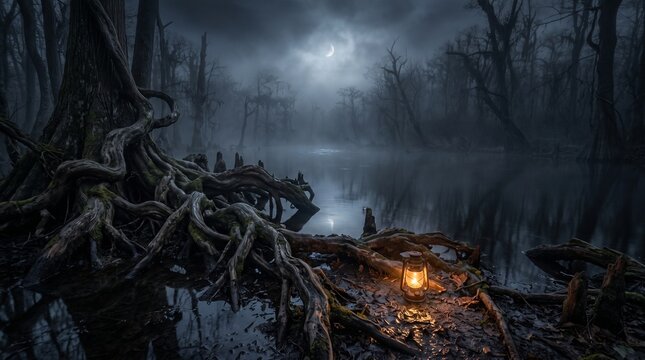 Spooky swamp night background with fog, twisted roots and lantern glow, haunted horror landscape scene