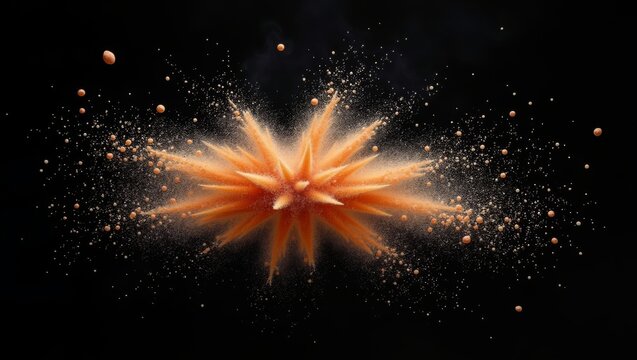 Orange powder explosion creating a starburst effect against a black background, with fine particles and larger grains dispersed in various directions