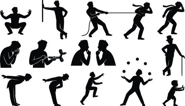 Collection of black silhouettes depicting various human poses, actions, and gestures, including juggling, pulling, and performing on stage