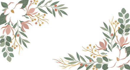 Elegant botanical floral corner frame with magnolia flowers and eucalyptus leaves for wedding invitation design © Sarjina