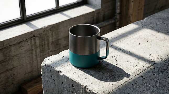 A modern ceramic coffee mug with a green base sitting on a concrete ledge by a sunny window. dipped metal mug