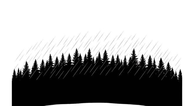 Vector illustration of silhouette of pine forest trees in heavy rain weather on a transparent background