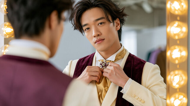Elegant young man adjusting jeweled brooch and gold cravat while looking in dressing room mirror, sophisticated formal fashion and luxury style concept