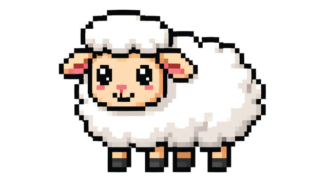 Cute pixel art fluffy sheep retro game style farm animal illustration isolated on white background