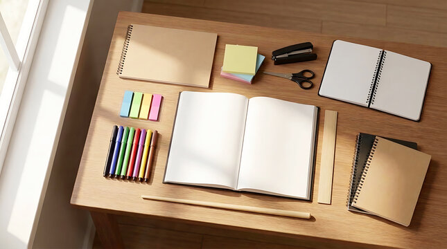 Teacher desk back-to-school layout with open notebooks, markers, stapler, and ruler near window casting soft shadows