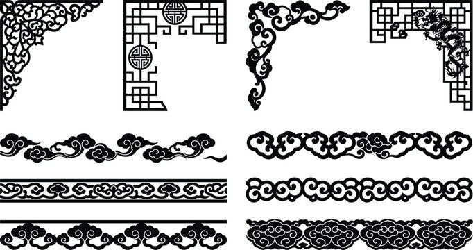 Ornate traditional Chinese and Asian style decorative vector borders frame corners and decorative elements featuring dragon clouds and geometric pattern designs