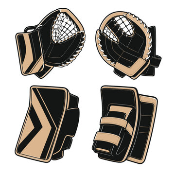 Ice hockey goalie protective gear set with blocker glove leg pads isolated on white background