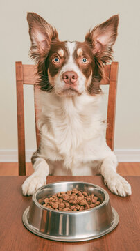 dog looking at bowl of dry food, picky dog refusing dry food at mealtime, reluctant dog staring at bowl of kibble