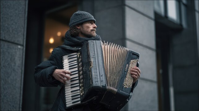 street accordion musician with simple hat for tips, minimal environment, cinematic realism