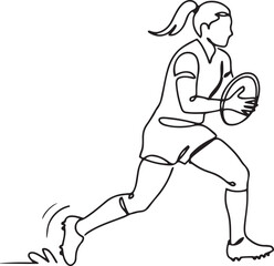 Continuous One Line Drawing of Female Rugby Player in Action Vector Illustration. One line art icon drawing