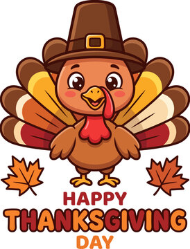 Cute Thanksgiving Turkey Character Wearing Pilgrim Hat Vector Illustration