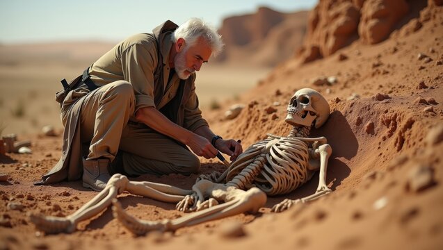 Elderly male archaeologist examines human skeleton in desert landscape, surrounded by red sand and rocky formations under a clear blue sky