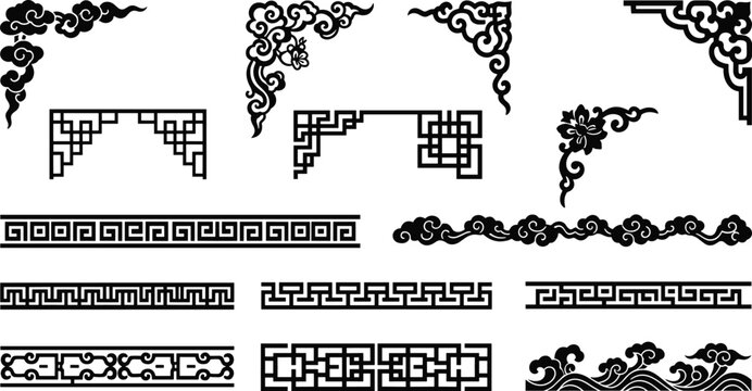 Traditional Chinese and Asian style decorative vector borders frame corners and elements collection featuring classic clouds waves and geometric patterns