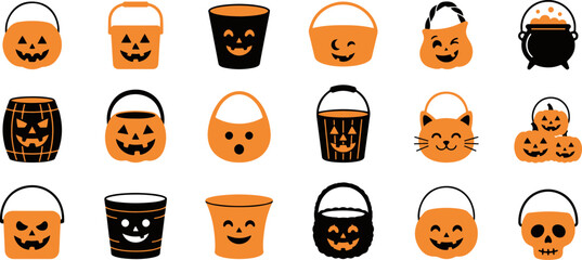Set of various halloween trick or treat candy buckets and pumpkin pails isolated on white background © JahedaKhatun