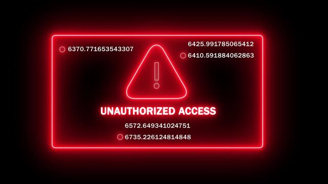 Cyber security alert unauthorized access warning sign with glowing red neon frame and rapidly changing digital data streams for high-tech network intrusion protection and information technology