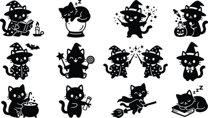 Set of cute black cat witch silhouettes wearing pointy hats and flying on brooms with magic potions, spell books, and crystal balls © Mufti