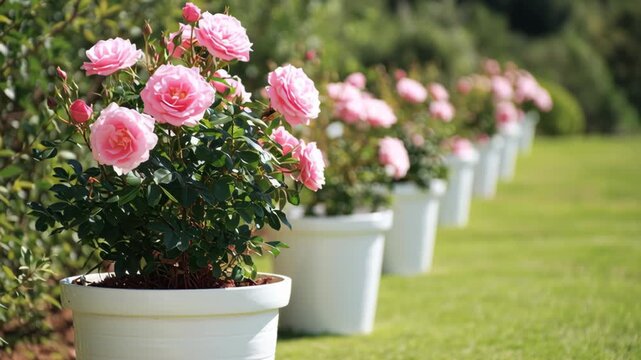 Pink rose blossoms buds green leaves grow in pots. Residential garden nursery backyard landscaping industry design material product marketing commercial advertising web banner backdrop template