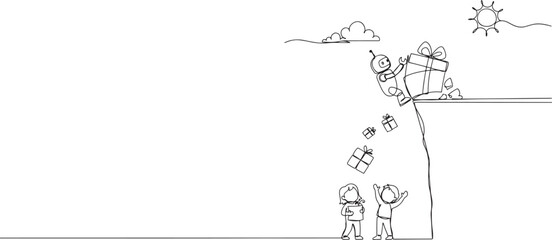 Single continuous line drawing robot pushes the large gift box down with its back from the edge of cliff. Throwing gifts for children under the cliff. One line art icon drawing