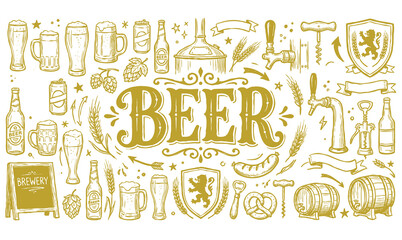 Vintage beer typography emblem with hand drawn brewery mug bottle barrel doodles set vector illustration © Avartde