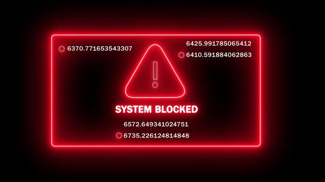 Digital cyber security warning interface featuring a glowing red system blocked alert message with rapidly changing numerical data streams for high-tech network protection and unauthorized access