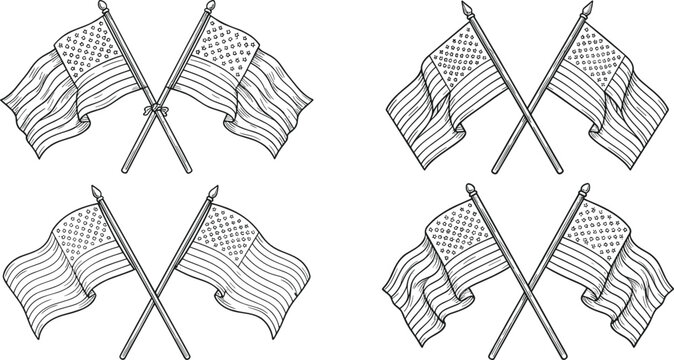 Vintage hand drawn style crossed American flags sketch vector icons collection featuring waving USA stars and stripes on classic poles