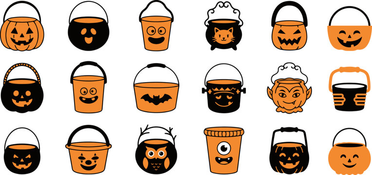 Set of various halloween trick or treat candy buckets and cauldrons with spooky faces on white background