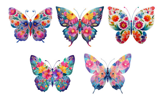 Set of bright colorful butterflies made of flowers on white 