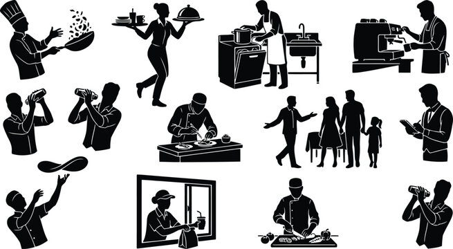 Restaurant and catering service silhouette featuring chefs, waiters, bartenders, and kitchen staff preparing and serving food and drinks