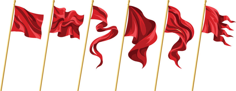 Waving Red Flags And Pennants On Wooden Poles Set For Heraldic Medieval Royal And Military Decorative Design Elements Vector Illustration