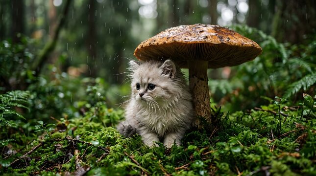 A tiny fluffy kitten sitting under a large brown mushroom in a lush green mossy forest floor.