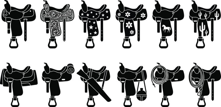 Detailed western saddle with various patterns and accessories including ropes, rifles, and canteens in black and white style