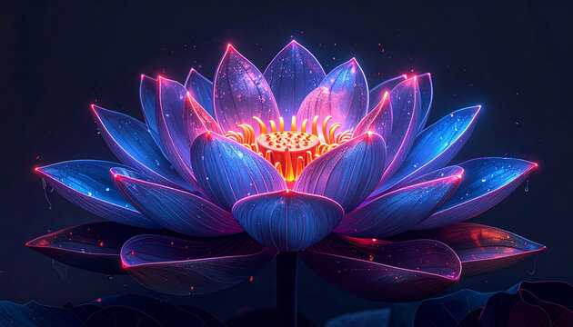 Neon glowing lotus flower with water droplets on dark background
