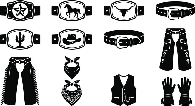 Collection of western apparel and accessories including belt buckles, belts, chaps, bandanas, vests, and gloves in black silhouette
