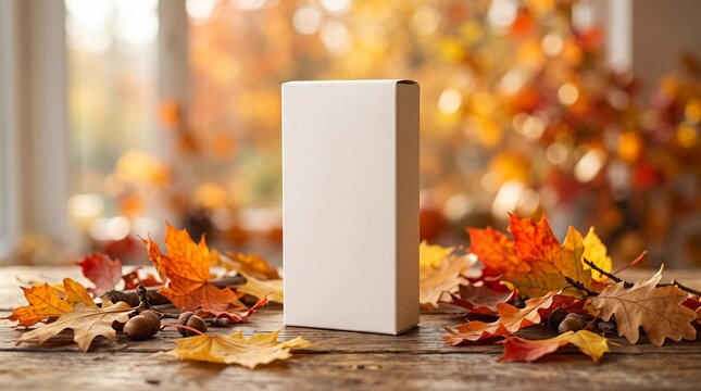  Autumn product podium mockup with blank white box on table, colorful fall leaves and warm sunlight bokeh