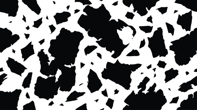 Abstract black and white terrazzo geometric seamless pattern vector background featuring organic stone chips and irregular mosaic animal print textures