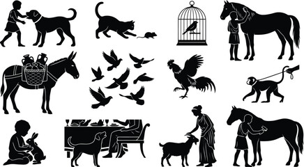 Collection of black silhouettes depicting ancient greek domestic animals, livestock, pets, farming, and human interaction with various creatures