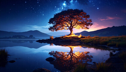 Luminous Tree Reflected in Calm Water Under a Starry Night Sky