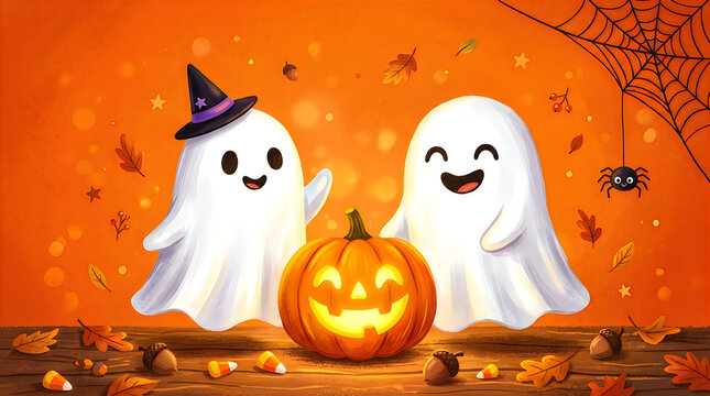 Halloween ghost couple celebrating with jack-o-lantern.