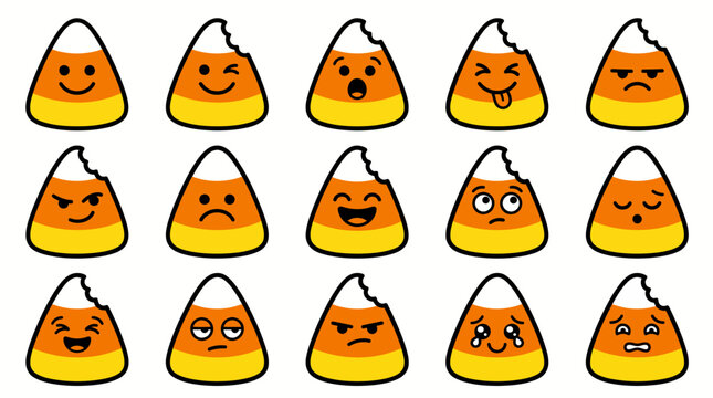 A collection of cute candy corn characters with various funny facial expressions isolated on a plain white background set