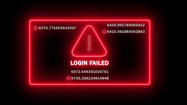 Digital login failed warning interface with glowing red neon warning triangle and rapidly changing data streams for cybersecurity, network security breach, and system access error concept animation
