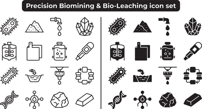 Biomining and bioleaching icon set featuring microbial extraction and mineral processing symbols in outline and solid styles