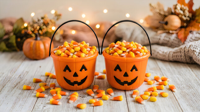 Halloween candy buckets filled with colorful sweets. 