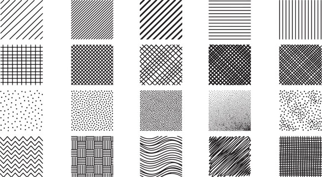 Hand drawn sketch texture set featuring various geometric patterns lines dots and crosshatch strokes for graphic design