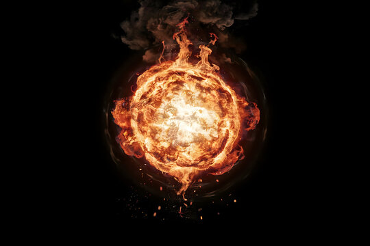 Glowing circular fire explosion with bright orange flames and swirling smoke isolated on a solid black background, for visual effect overlays
