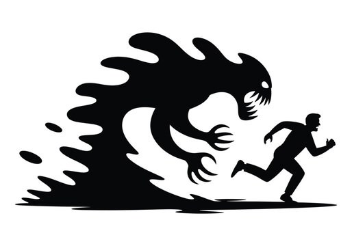 Man running from scary shadow monster horror concept dark creature chasing human fear of unknown dark side