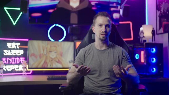 Anituber influencer streaming from anime manga geek neon lights gaming room