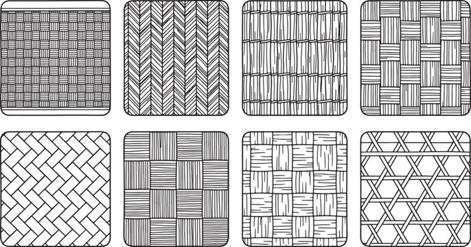 Hand drawn woven texture patterns set featuring various wicker and basketry weave styles in black and white
