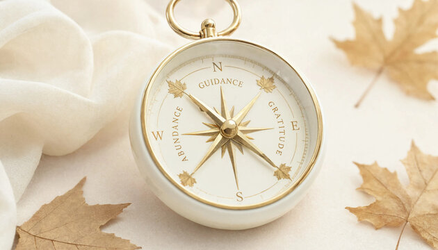 Vintage gold compass on white background with dried autumn leaves navigation adventure direction seasonal exploration geography instrument metallic background wanderlust outdoors discovery